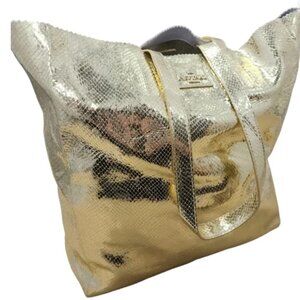 Aspinal of London Snake Embossed Gold Genuine Leather Tote RARE